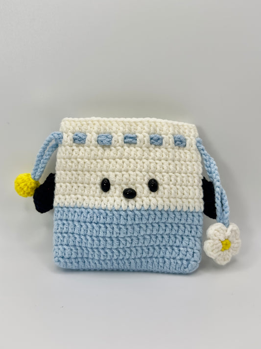 Handmade Crochet Bear Drawstring Bag - Blue and White Cute Design