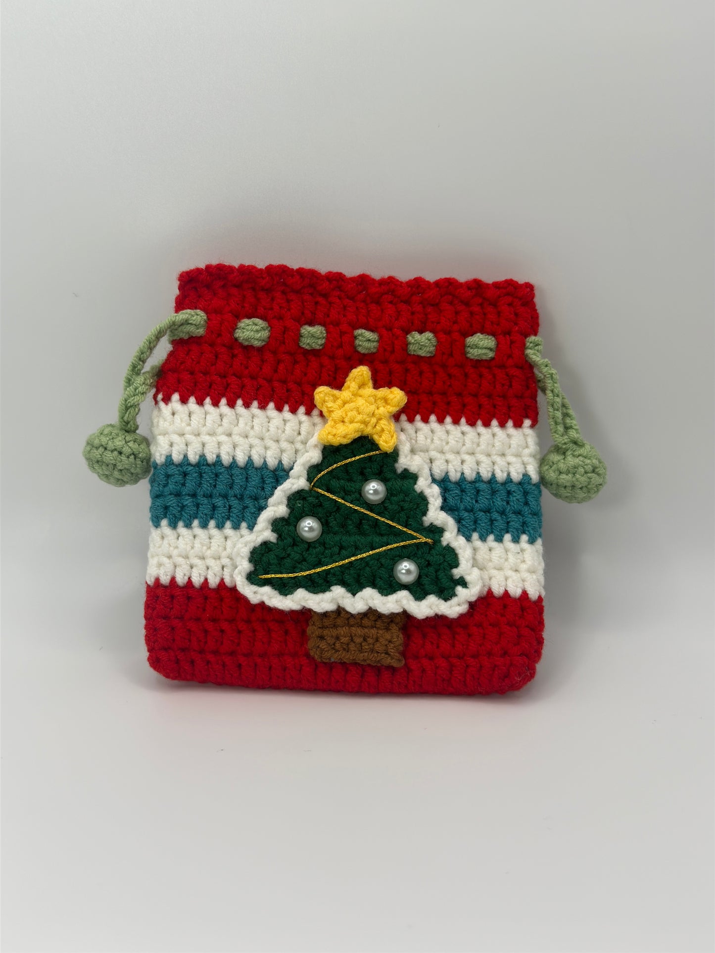 Handmade Crochet Christmas Tree Drawstring Bag