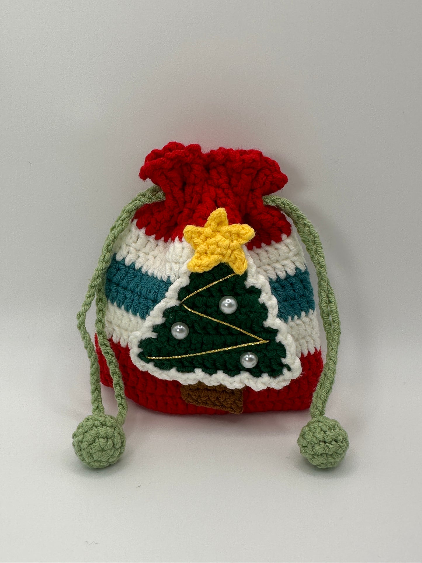 Handmade Crochet Christmas Tree Drawstring Bag