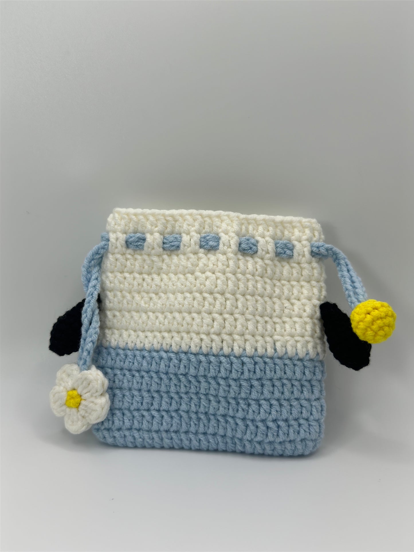 Handmade Crochet Bear Drawstring Bag - Blue and White Cute Design