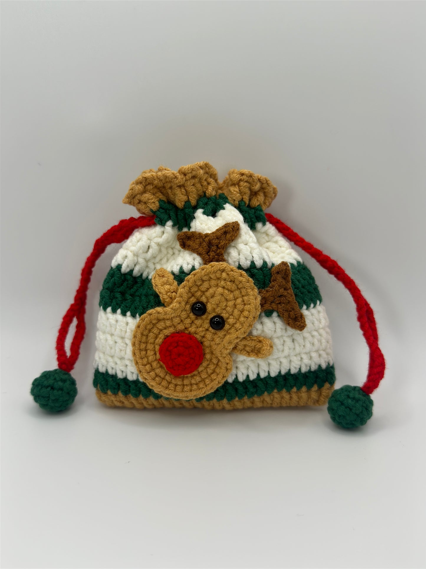 Handmade Crochet Reindeer Drawstring Bag