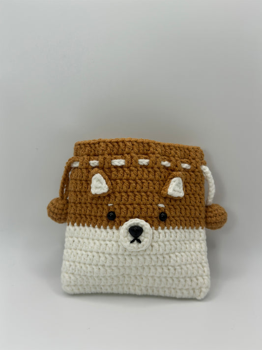 Handmade Crochet Shiba Inu Drawstring Bag