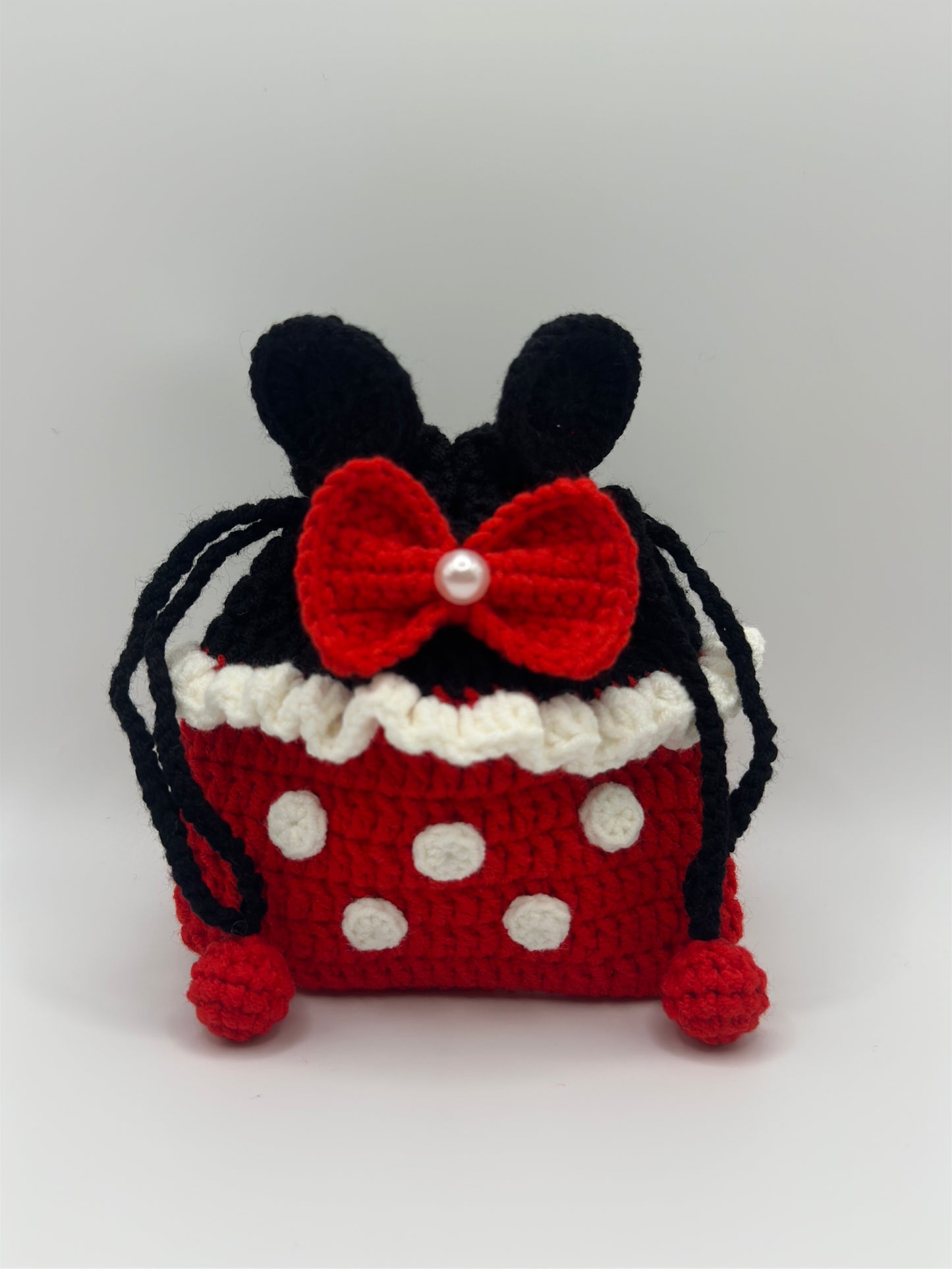 Handmade Crochet Bow Ear Drawstring Bag