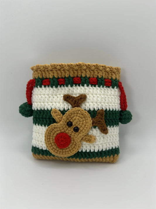 Handmade Crochet Reindeer Drawstring Bag