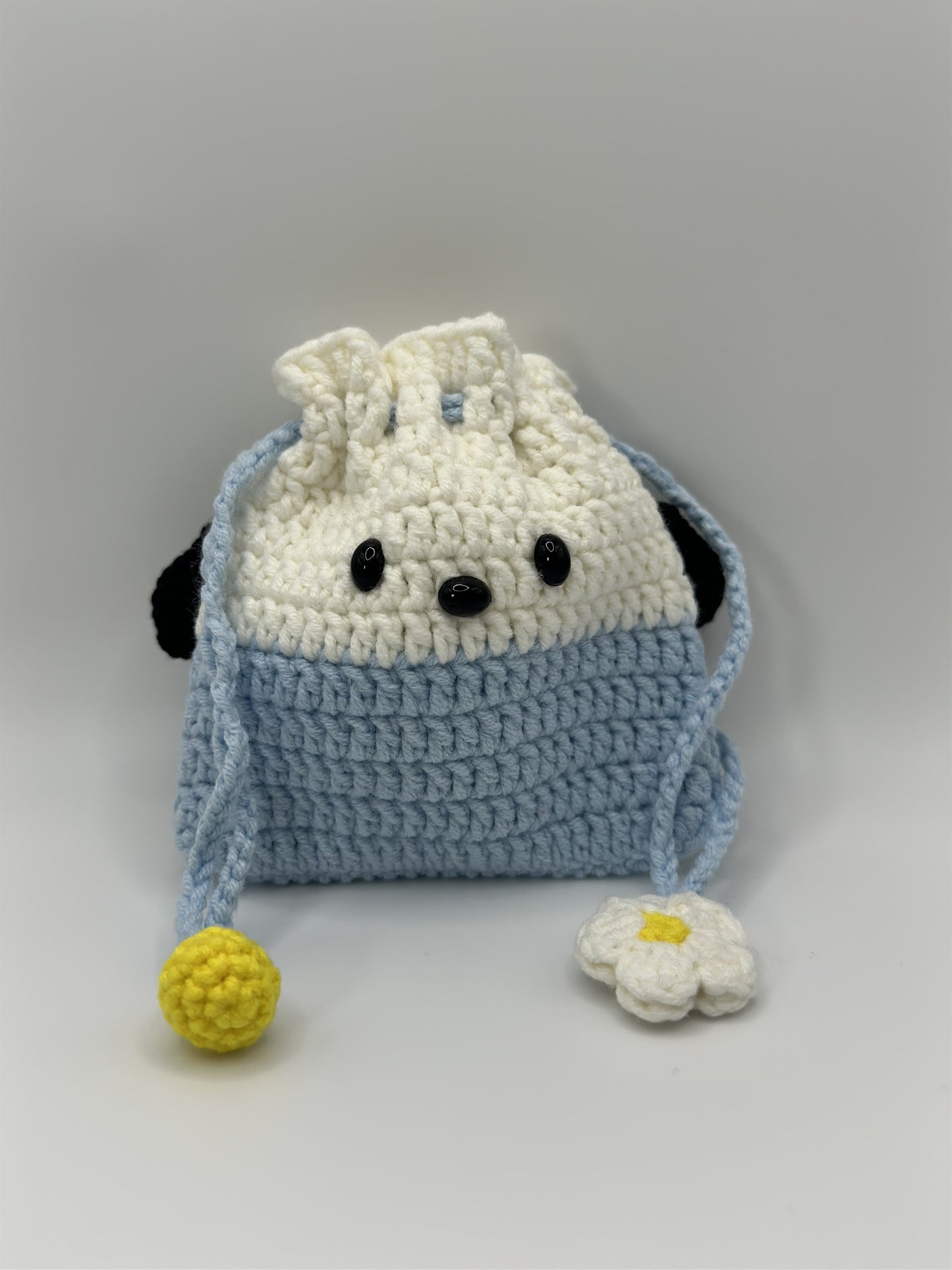 Handmade Crochet Bear Drawstring Bag - Blue and White Cute Design